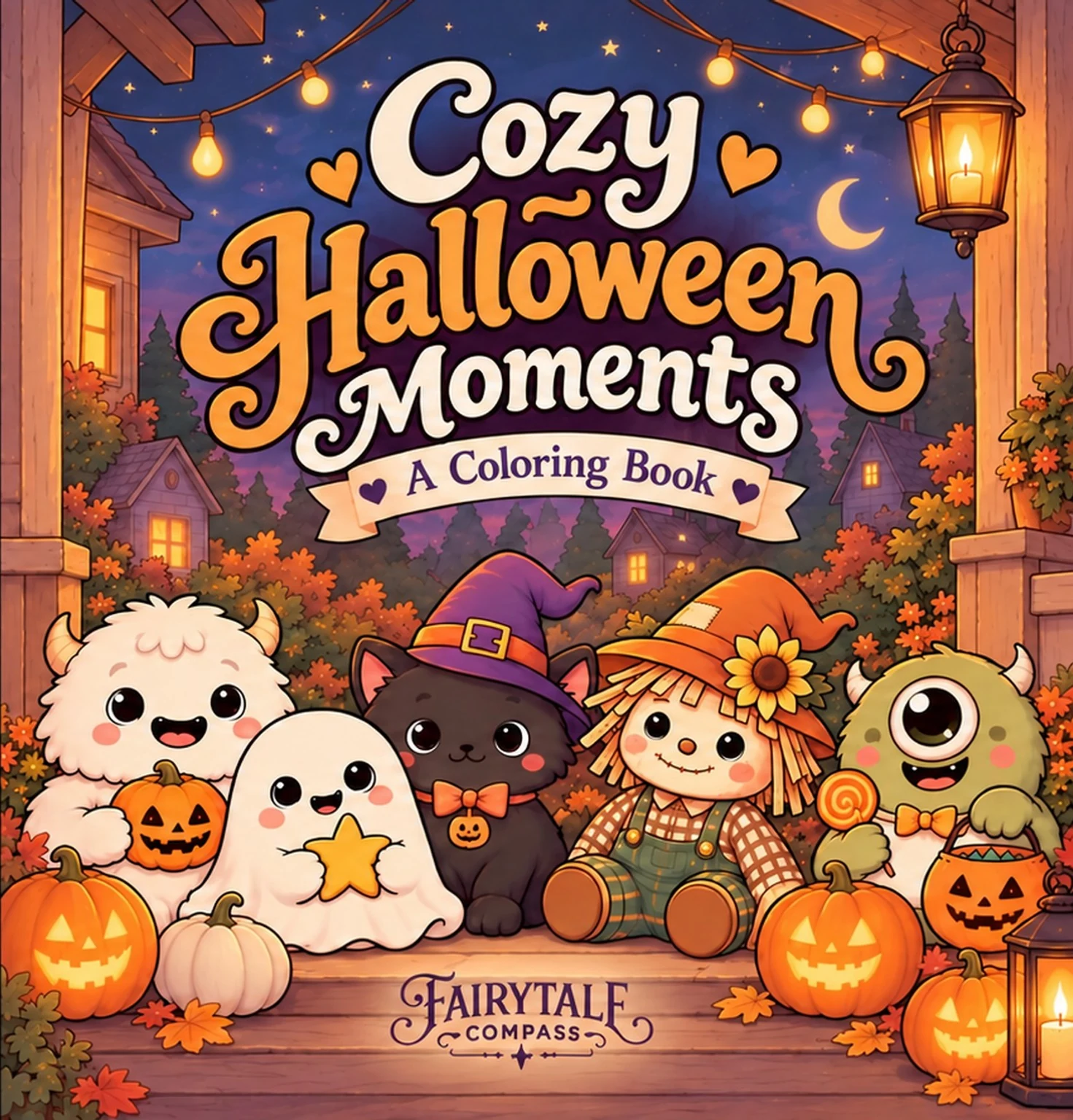 Cozy Halloween Moments — A Coloring Book: pumpkins, friendly monsters, cute kittens, woodland animals, and magical Halloween scenes.