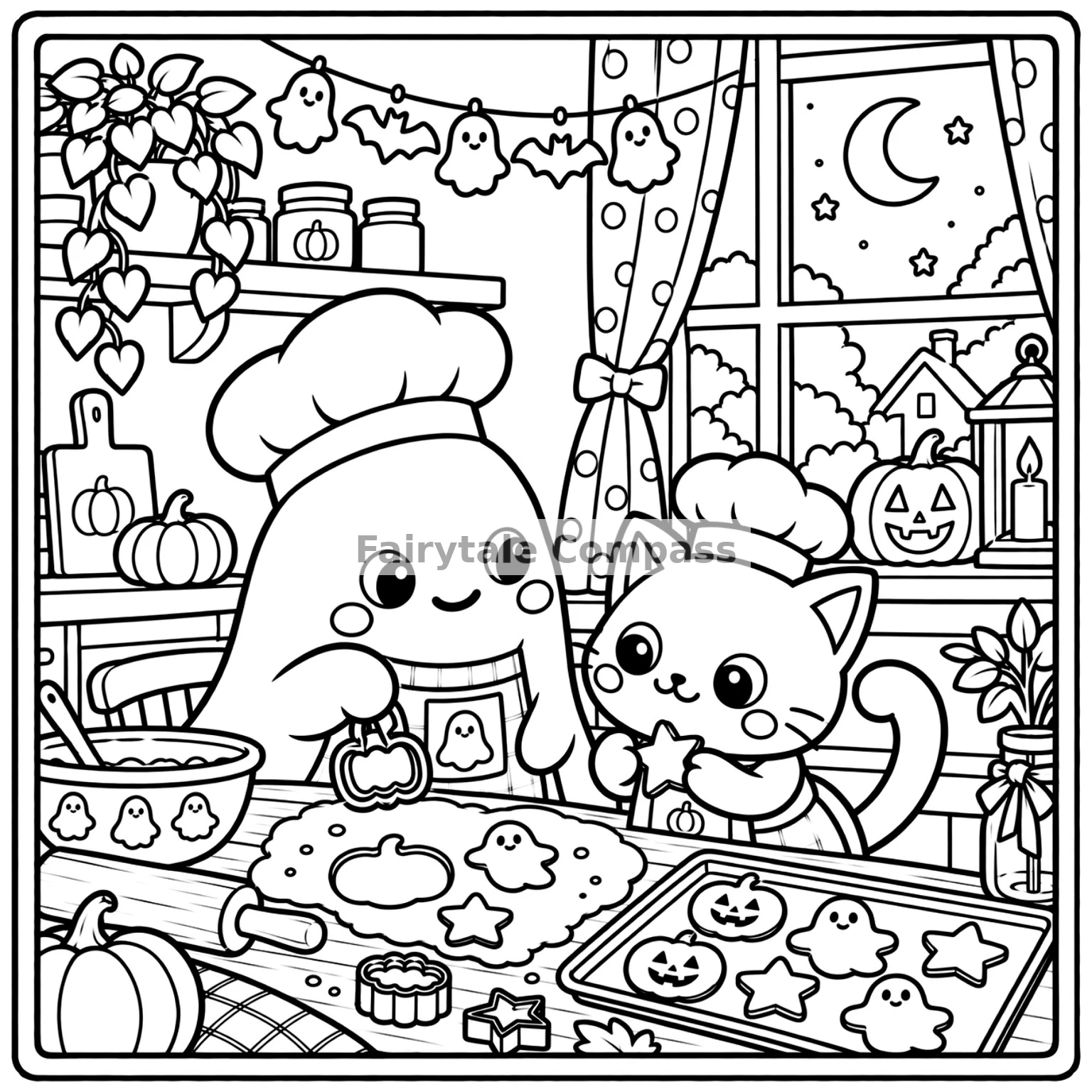 Cute ghost and kitten baking Halloween cookies in a cozy kitchen coloring page