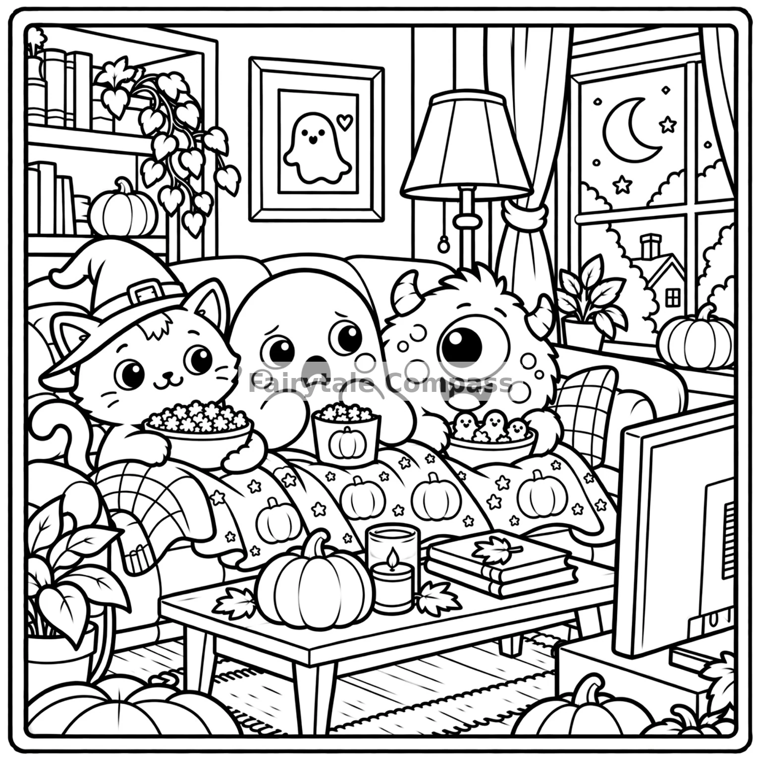 Cute Halloween friends watching a spooky movie together in a cozy living room