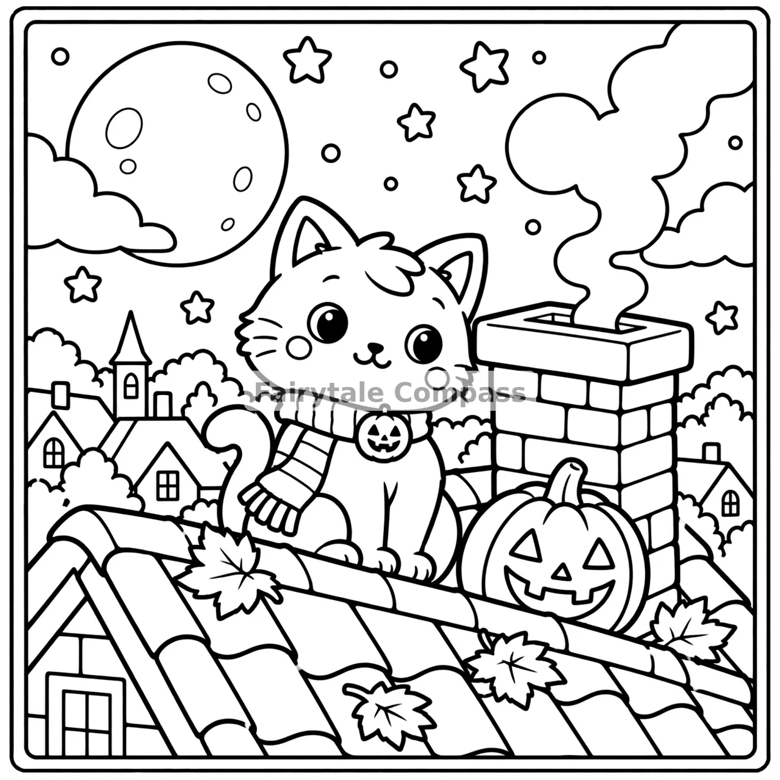 Adorable kitten sitting on a rooftop under the moon with a Halloween pumpkin