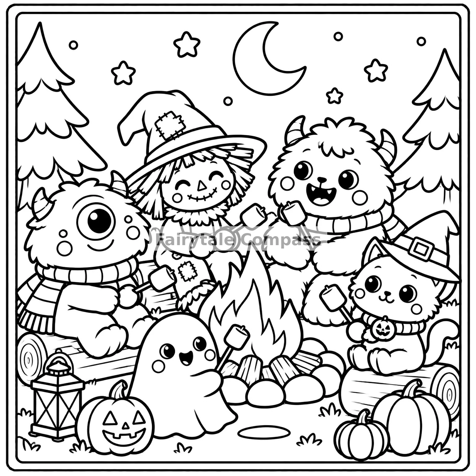 Cute Halloween friends roasting marshmallows around a cozy campfire