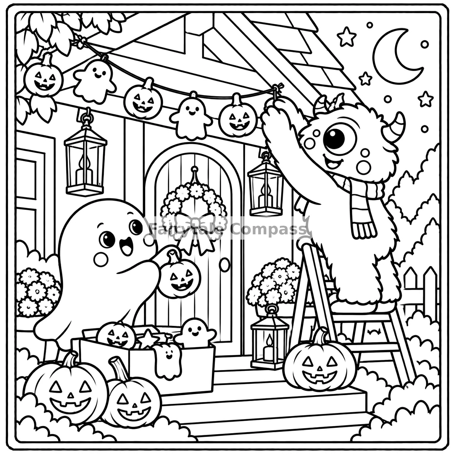 Friendly ghost and little monster decorating a cozy house for Halloween