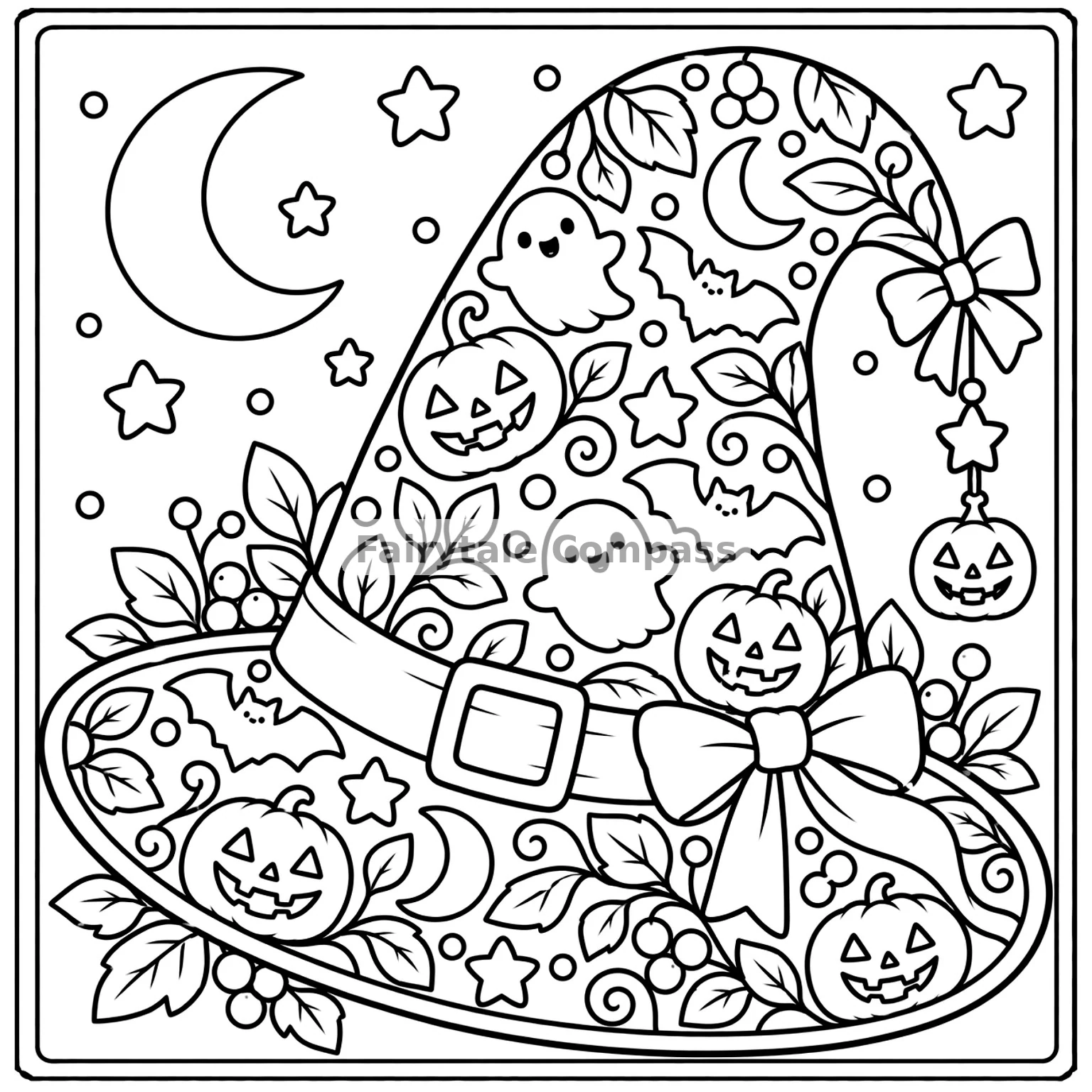 Magical witch hat decorated with pumpkins, ghosts, bats and autumn leaves