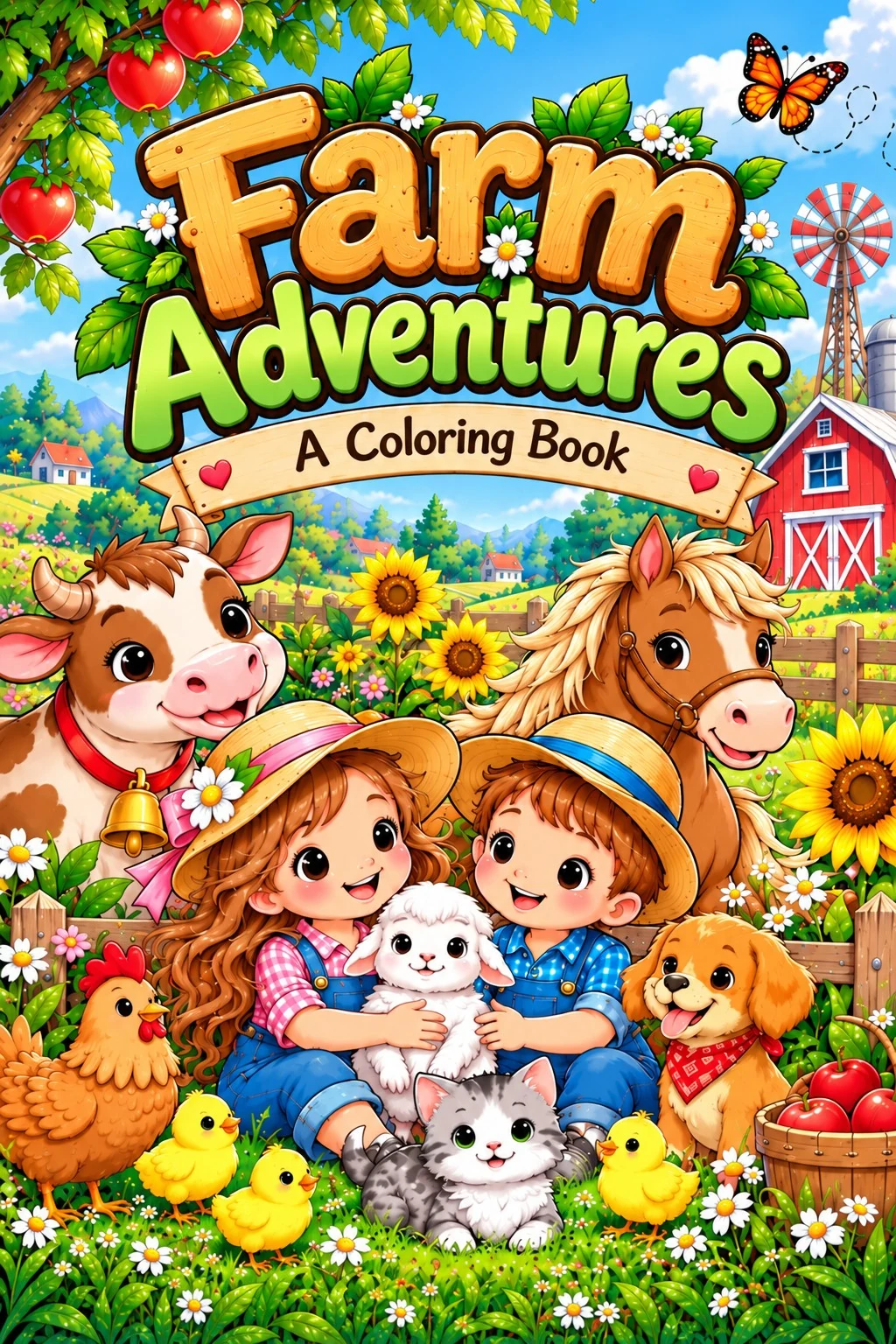 Farm Adventures coloring book cover with happy kids, cute farm animals, and colorful countryside.