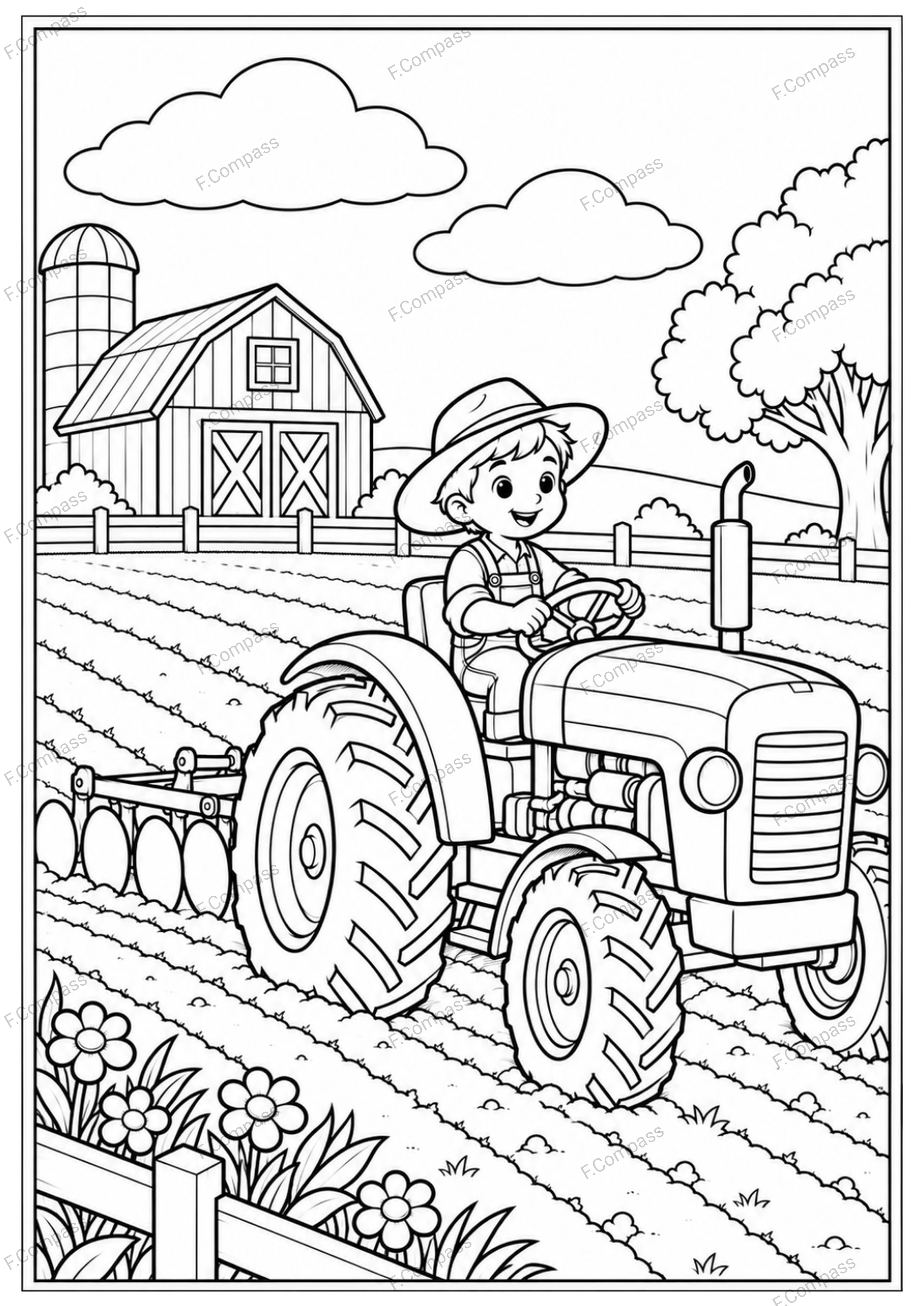 A smiling young farmer drives a tractor through a field near a barn.