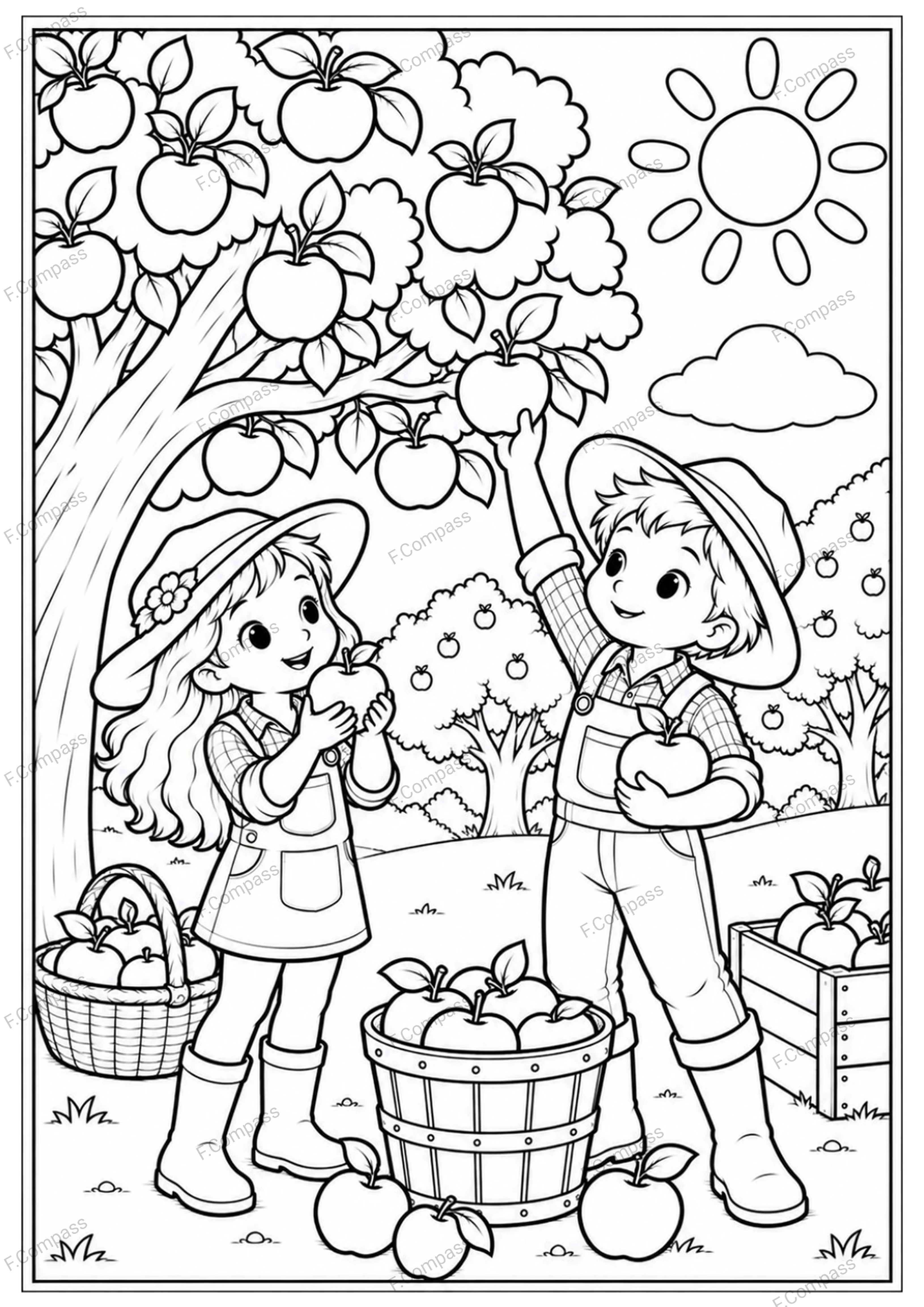 Two happy children pick apples in a sunny orchard.