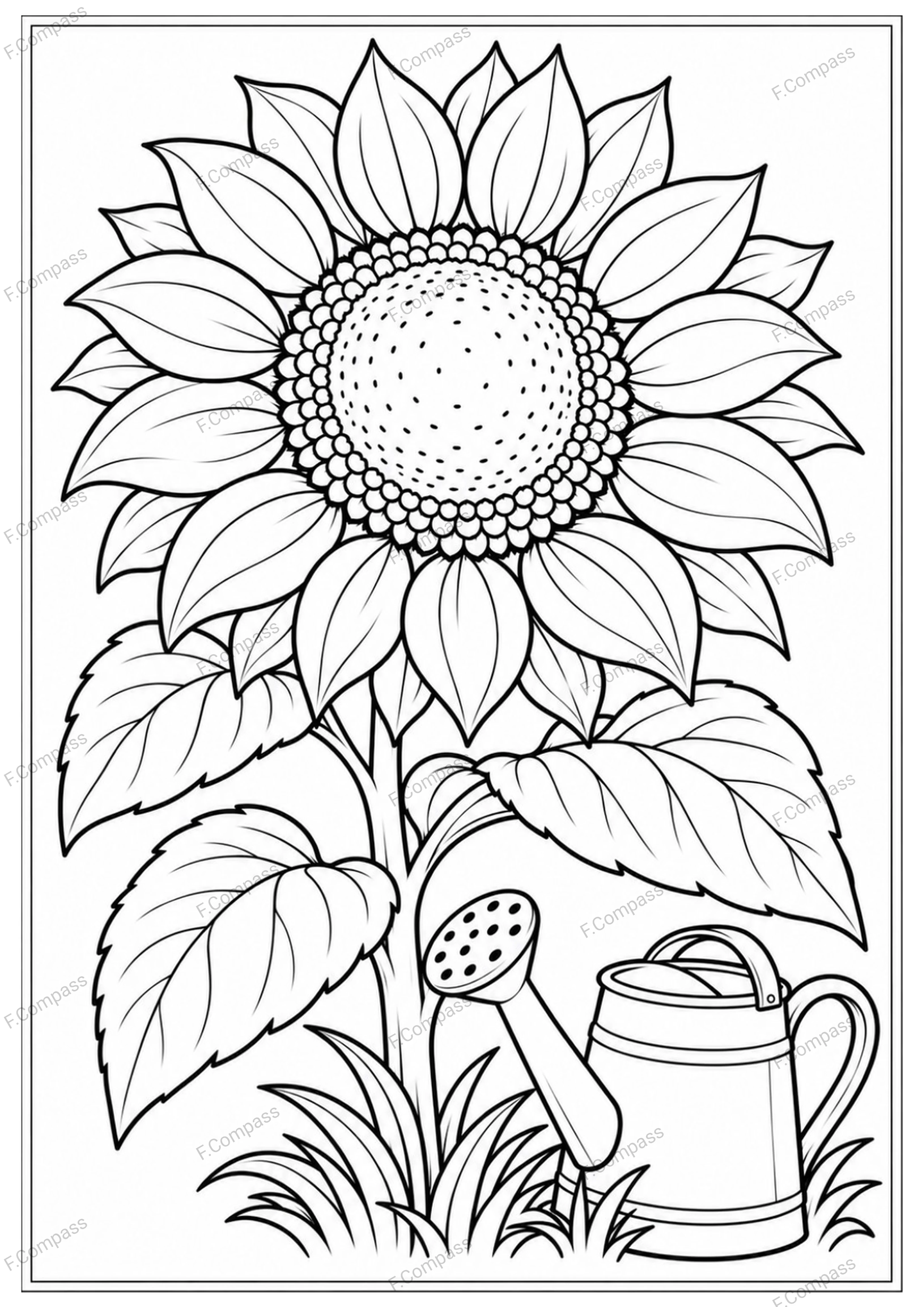 A large blooming sunflower grows beside a garden watering can.