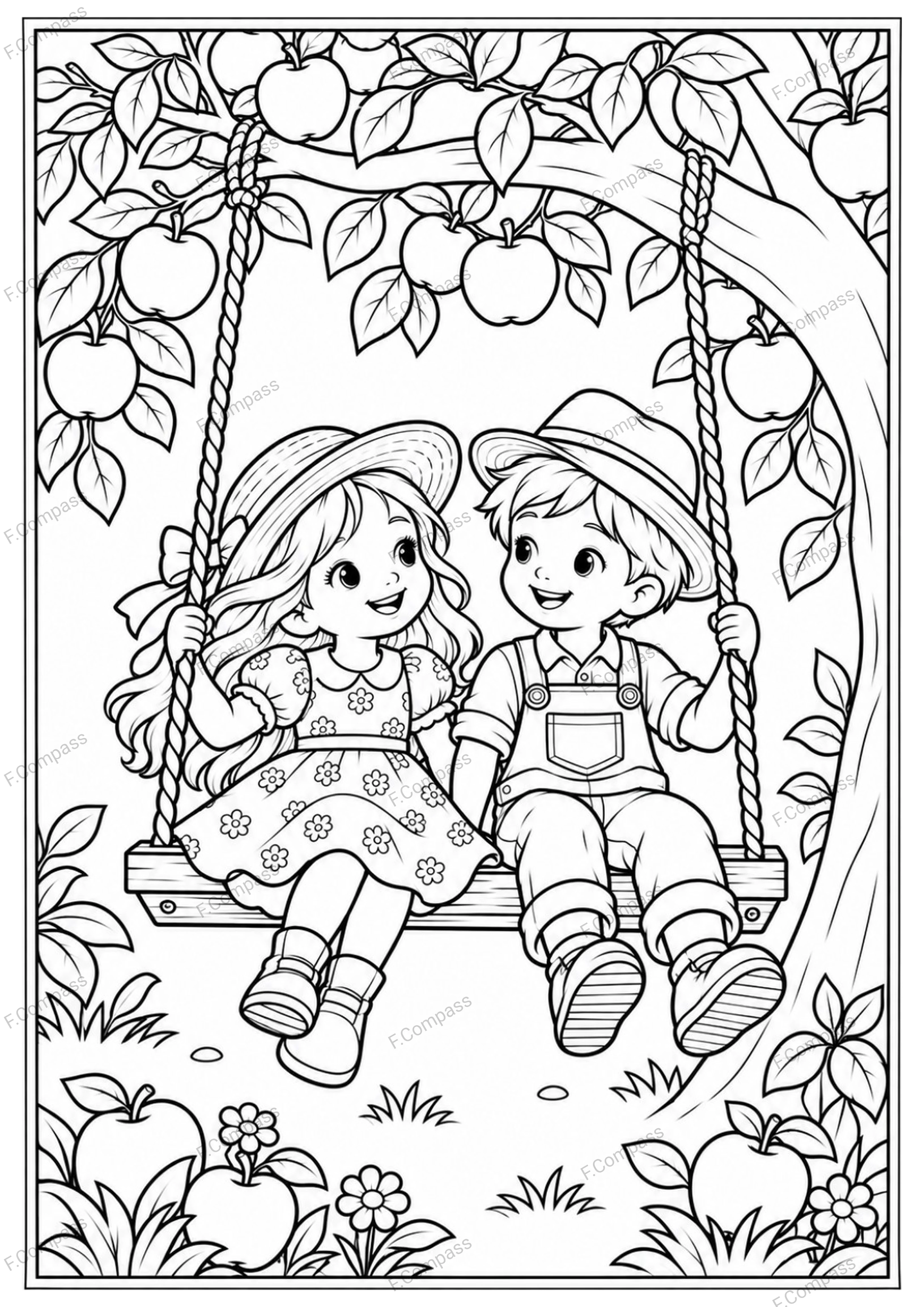 A boy and girl enjoy a wooden swing beneath an apple tree.