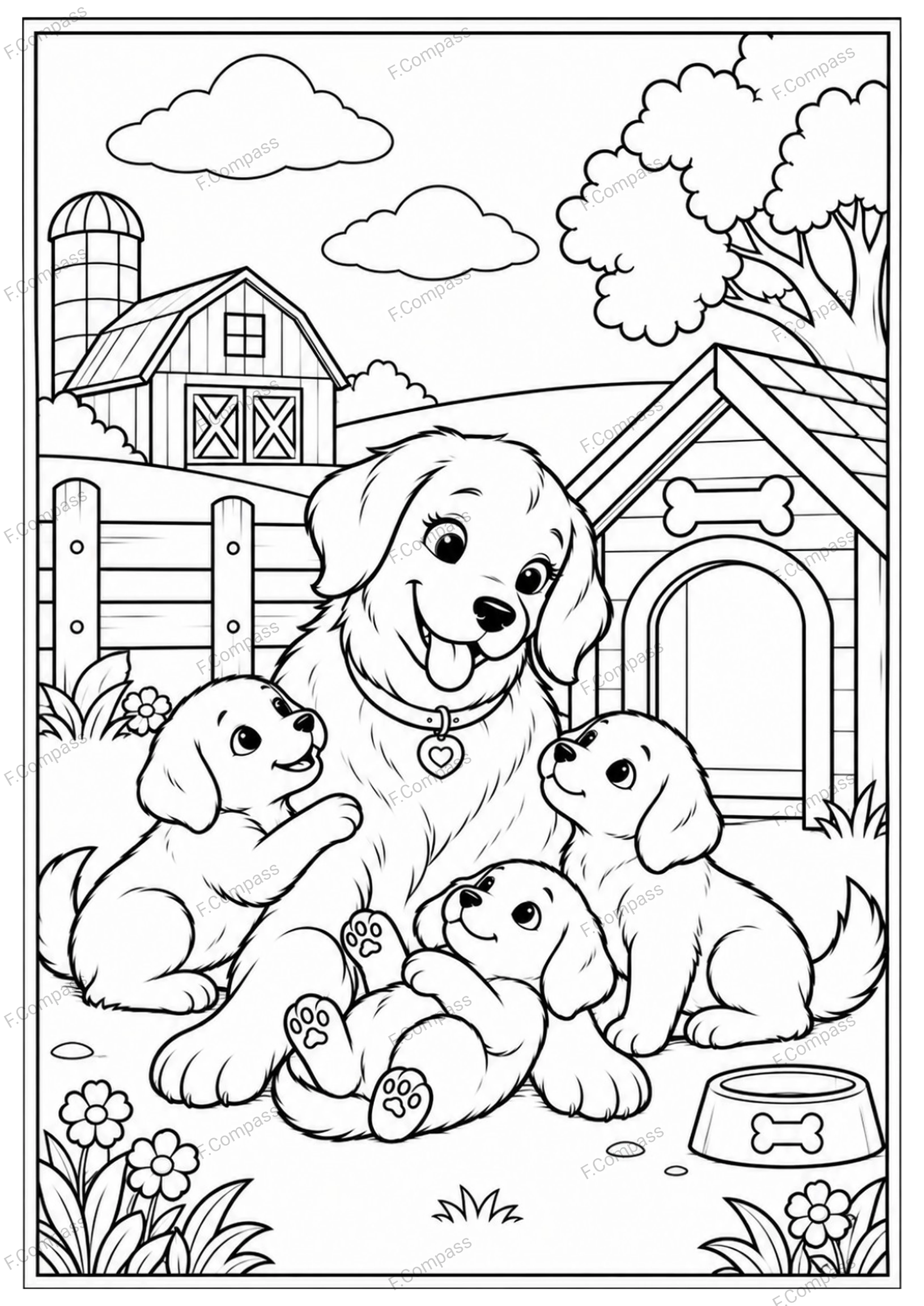 A happy mother dog plays with three puppies near their doghouse.
