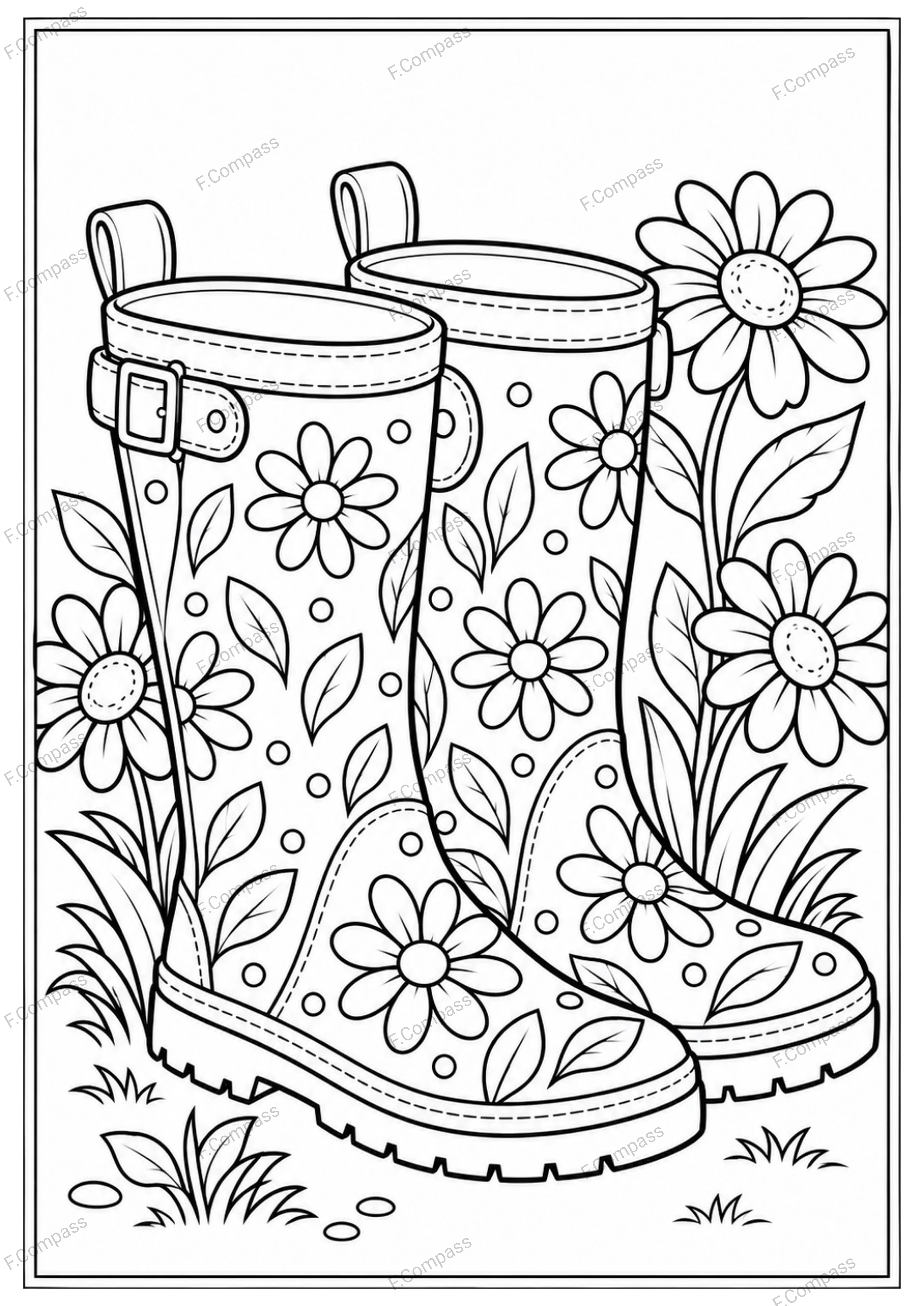 A pair of rain boots decorated with flowers stands among garden daisies.