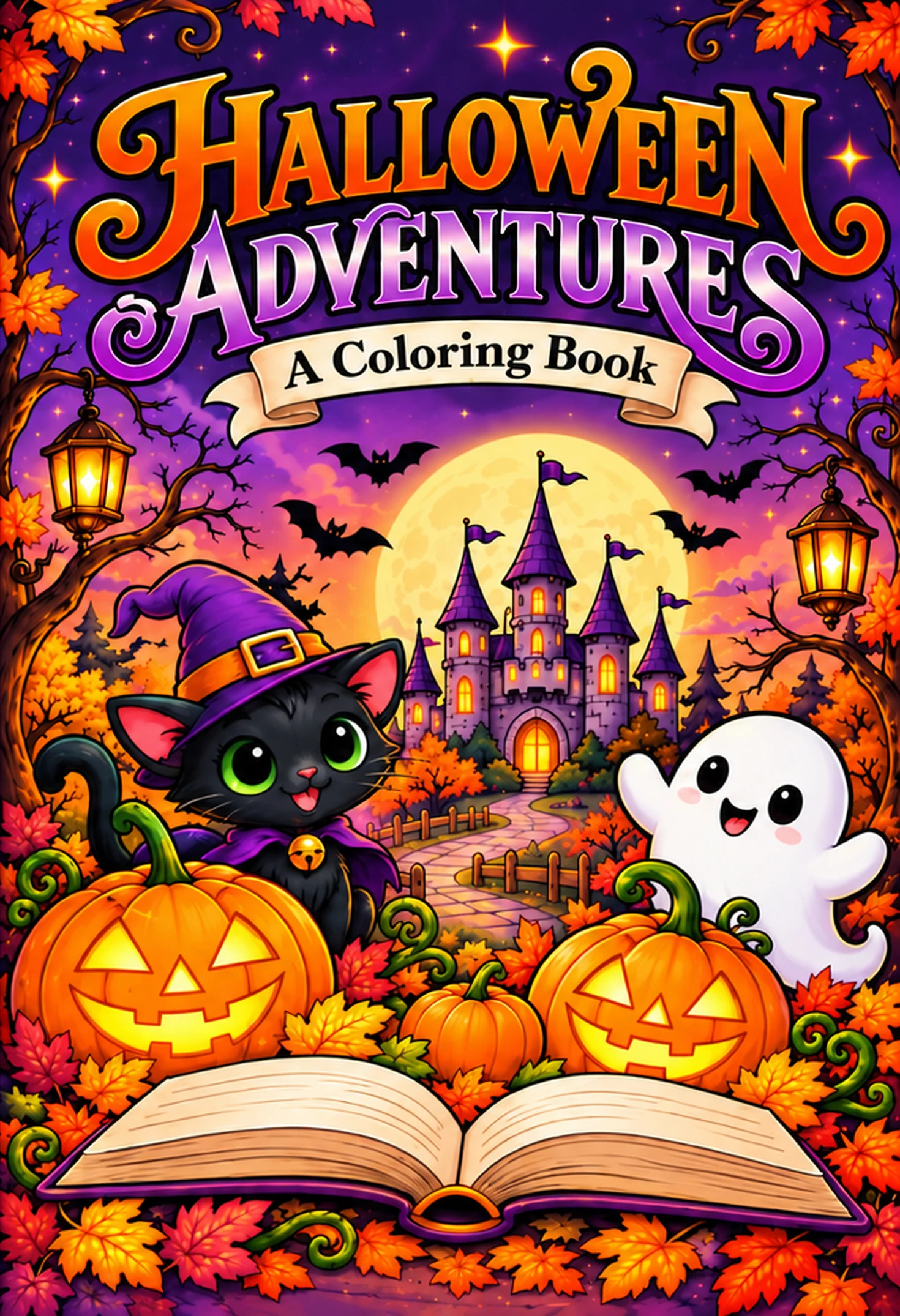 Halloween Adventures — A Coloring Book: black cat, friendly ghost and pumpkins beneath a Halloween castle