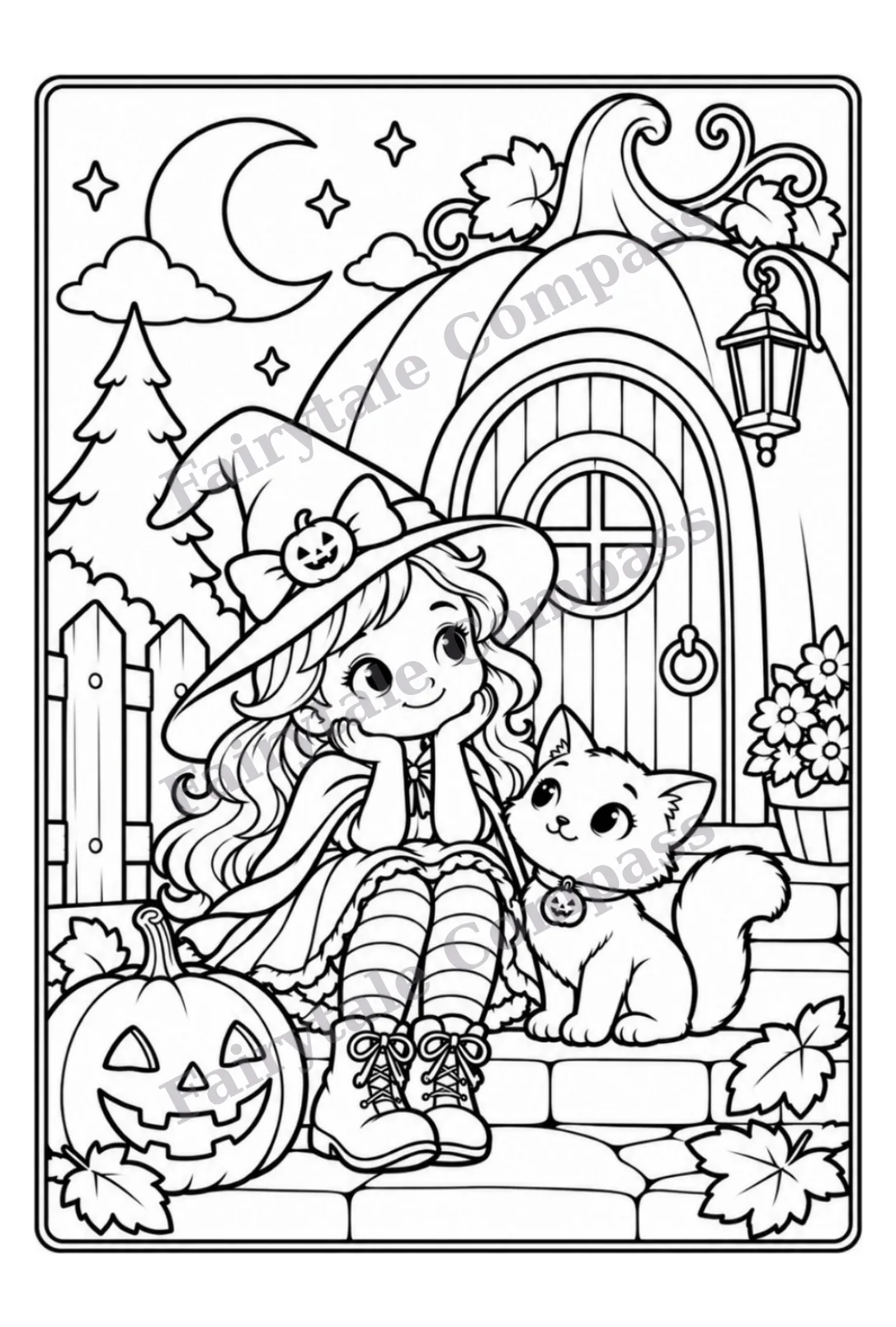 A young witch and her cat outside a pumpkin house — watermarked sample