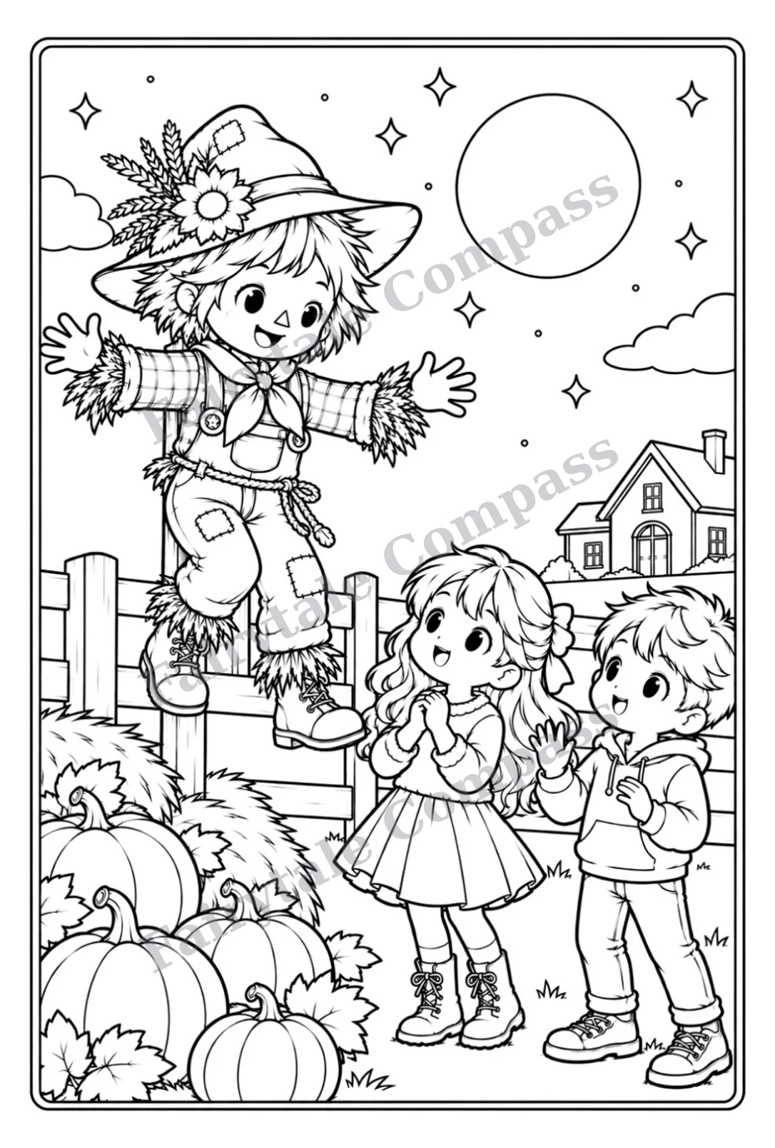 Children meeting a friendly scarecrow — watermarked sample