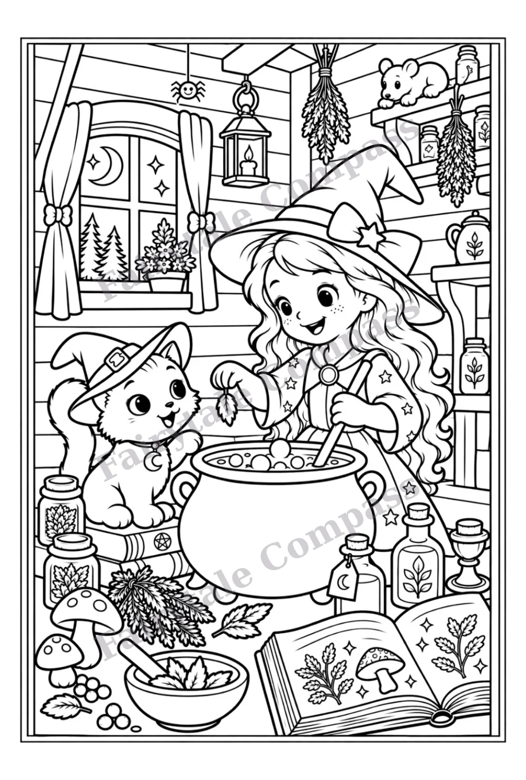A young witch and her cat making a potion — watermarked sample