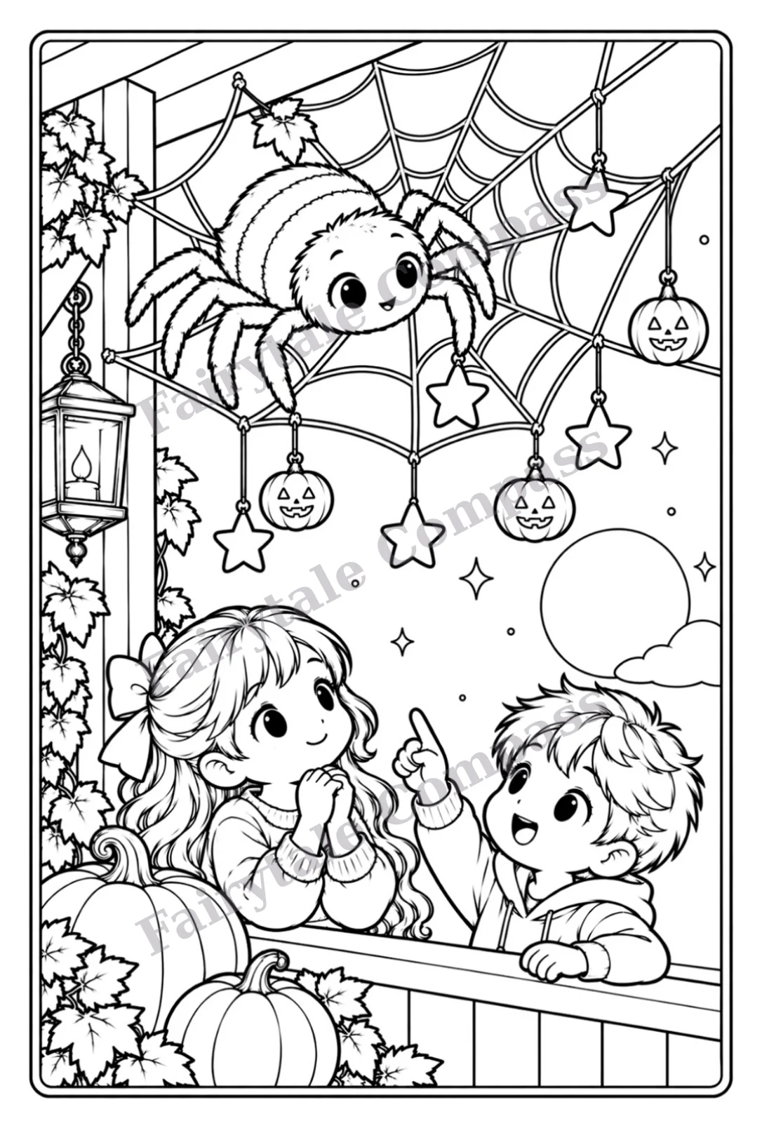 Children discovering a friendly spider — watermarked sample