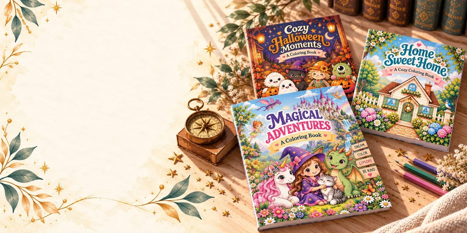 A cozy tabletop with colorful fairytale coloring books and a golden compass