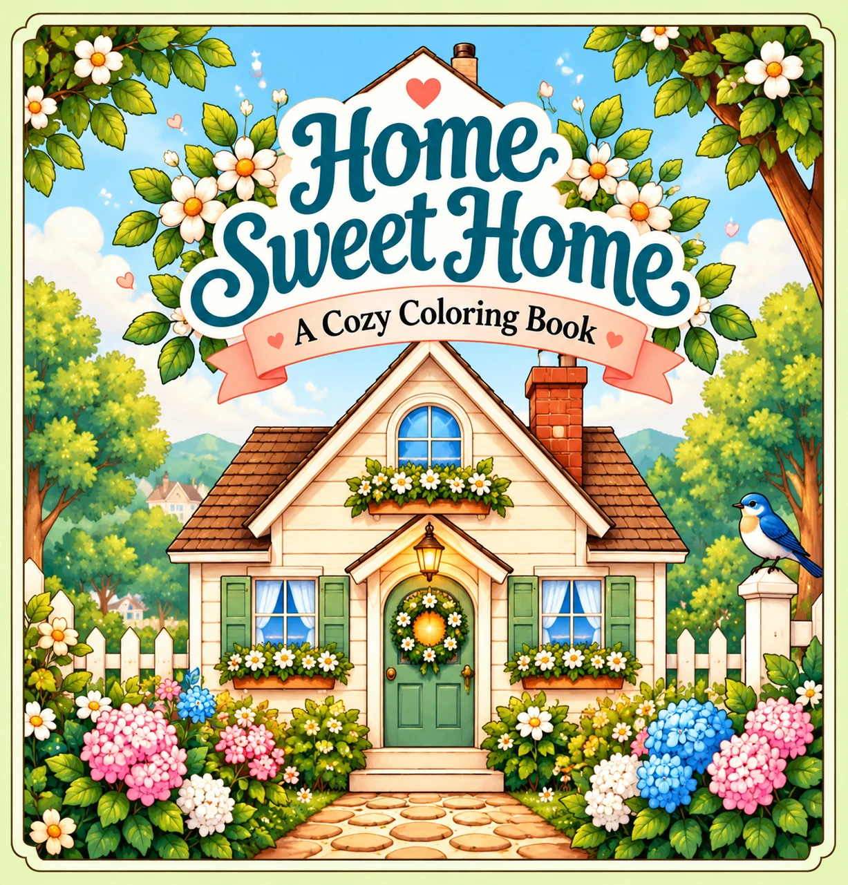 Home Sweet Home coloring book cover featuring a cozy cottage, colorful flowers, and a charming garden.