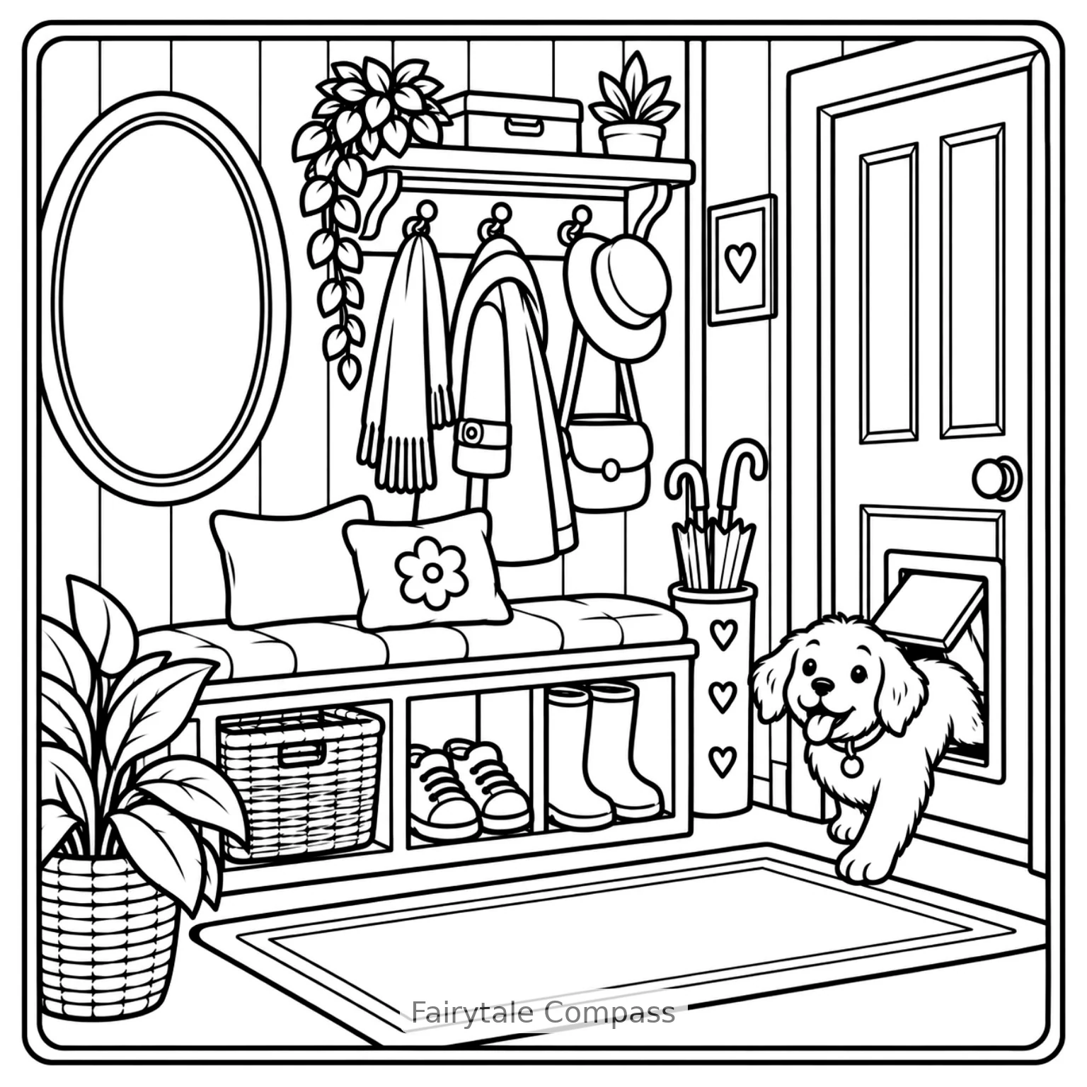 Cozy home entryway with a happy dog, coat rack, plants, and a cushioned bench coloring page.