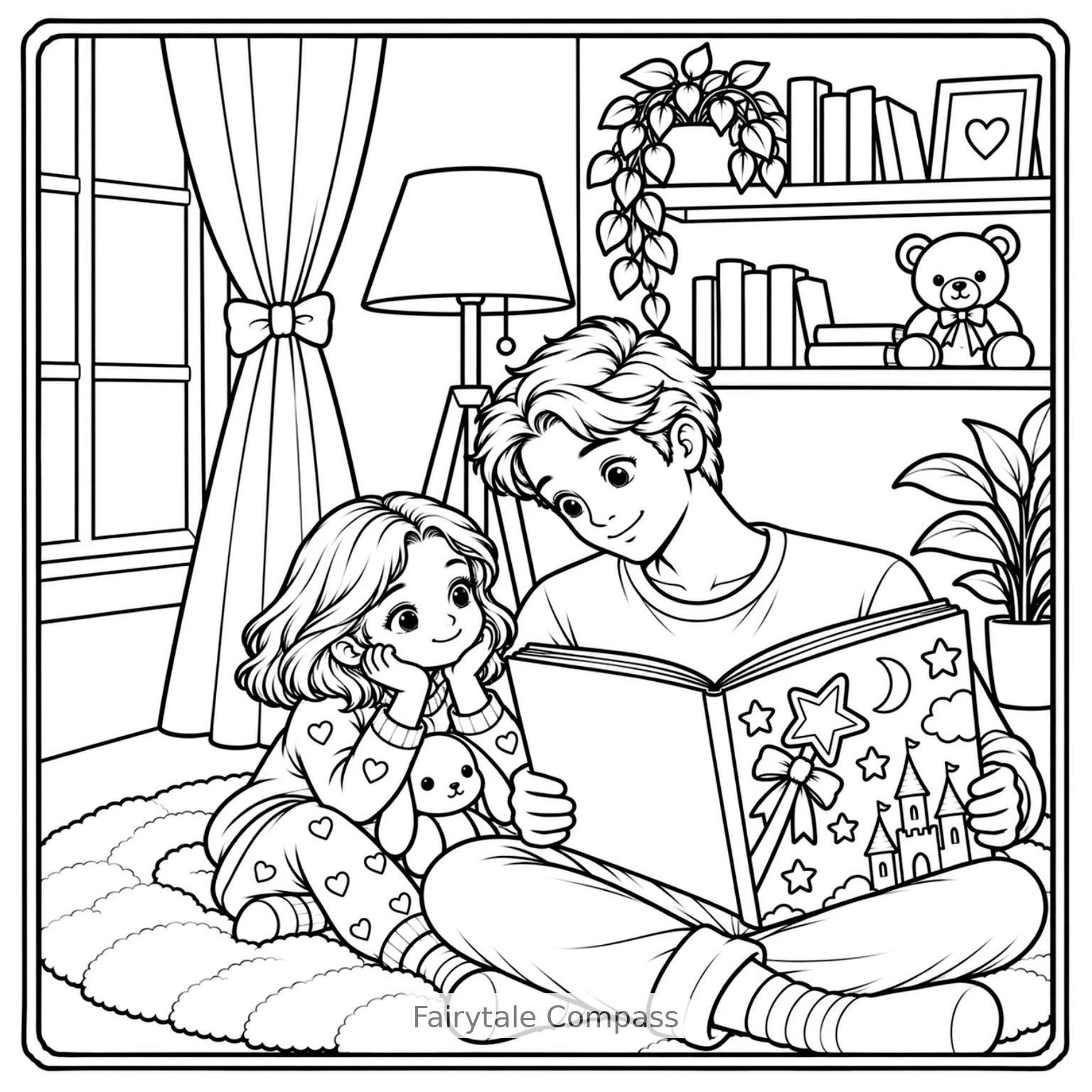 Father reading a bedtime story to his daughter in a cozy living room coloring page.