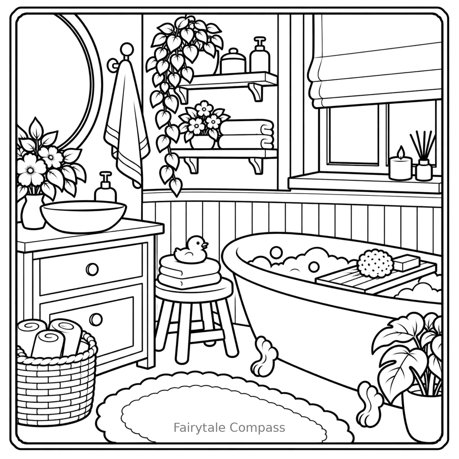Cozy bathroom with a bubble bath, flowers, candles, and fluffy towels coloring page.