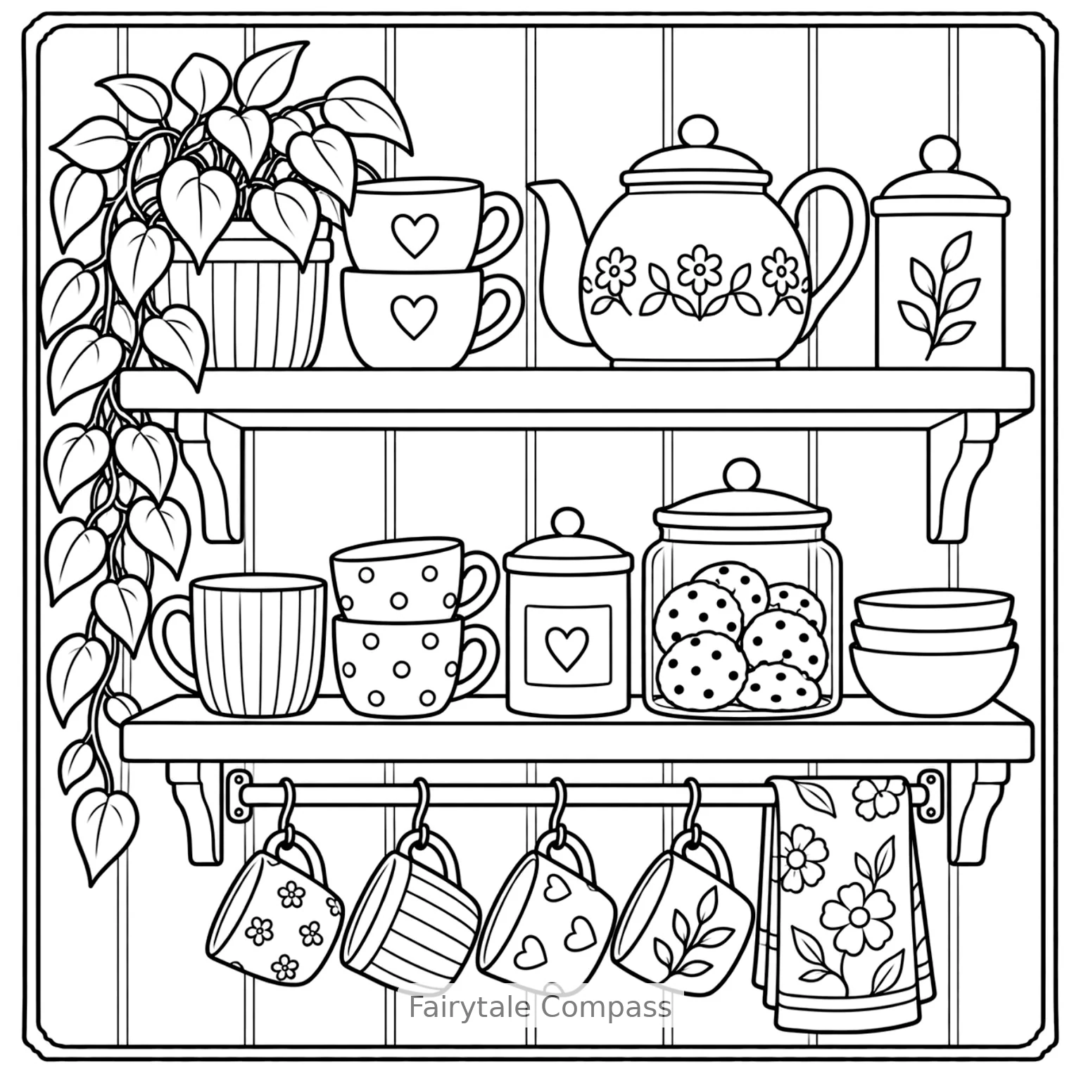 Cozy kitchen shelves with teapot, mugs, cookies, and trailing plants coloring page.