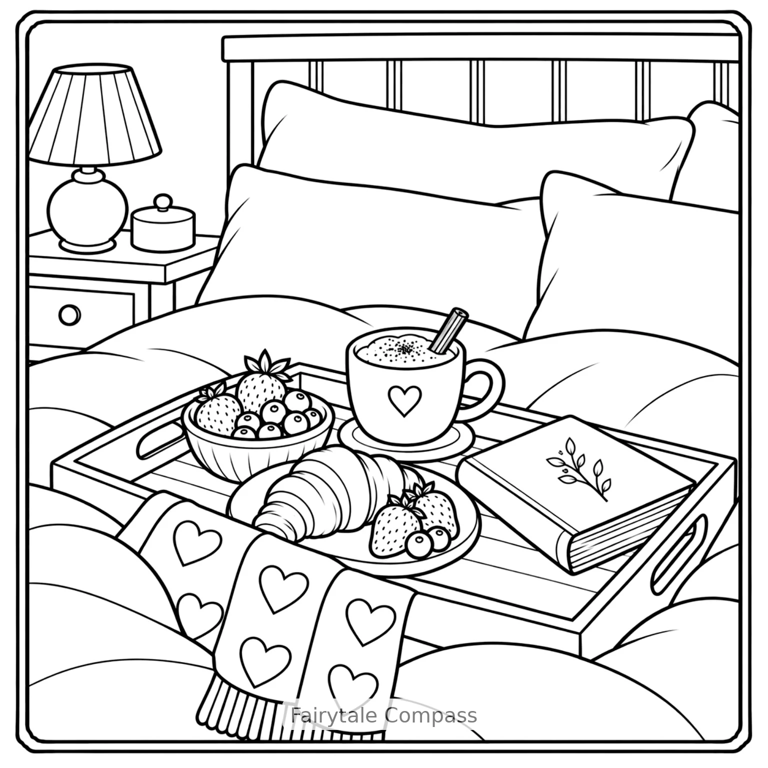Cozy breakfast in bed with croissant, berries, coffee, and a book coloring page.