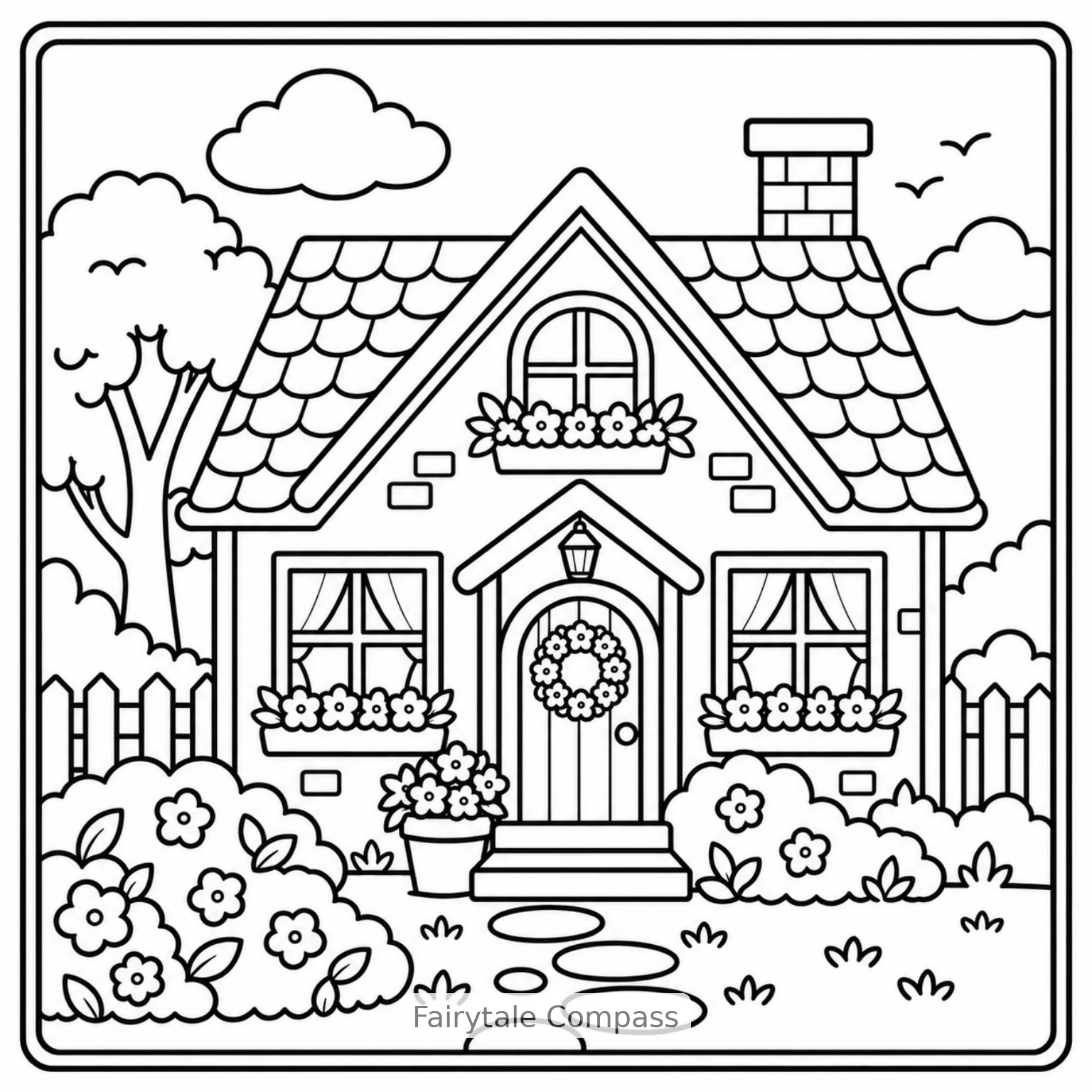 Charming cottage with a flower garden, picket fence, and welcoming front door coloring page.