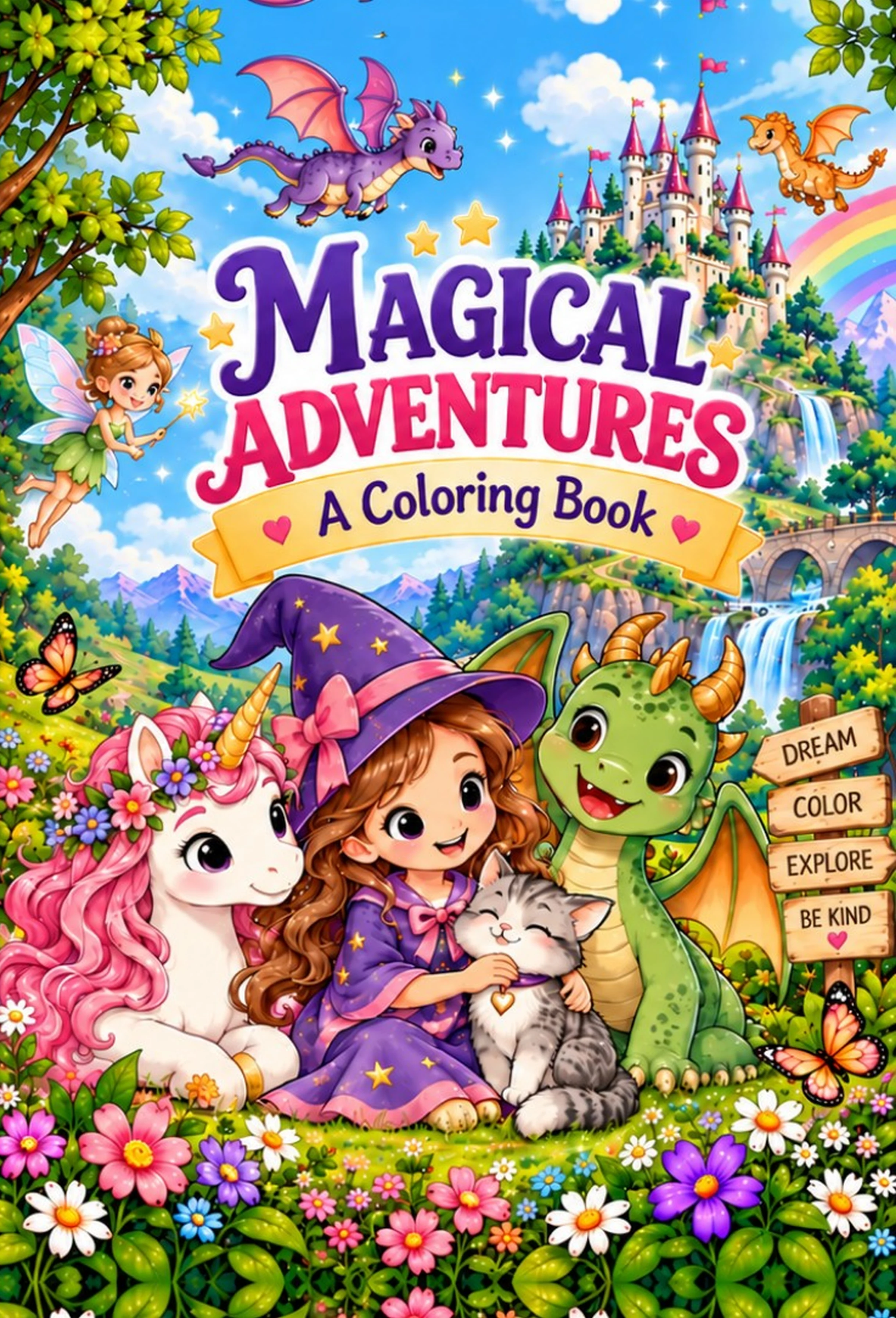 Magical Adventures — A Coloring Book: girl, unicorn, dragon, kitten, fairy-tale castles, and flowers