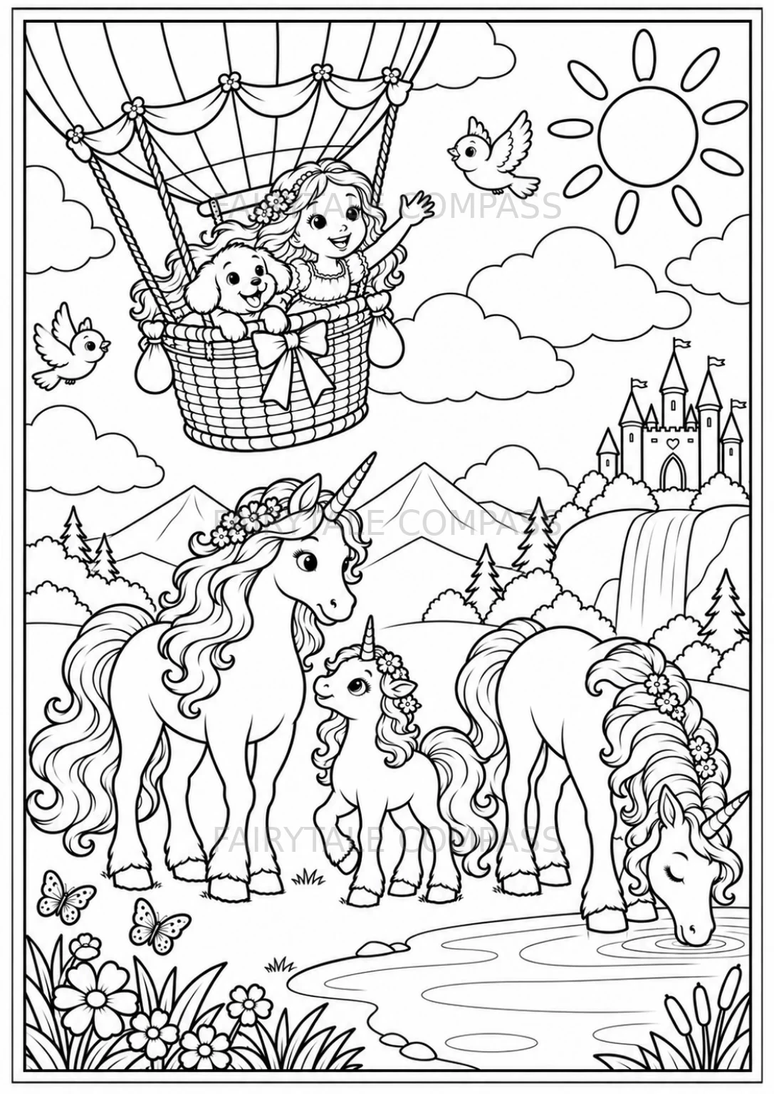 Magical Land: A girl and her puppy fly in a hot air balloon above unicorns, mountains, and a fairytale castle.