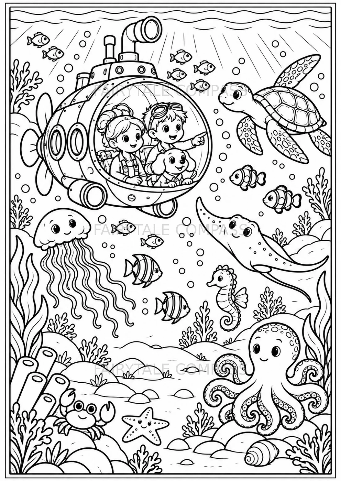 Underwater World: Two children and a puppy explore the ocean in a submarine surrounded by friendly sea creatures.