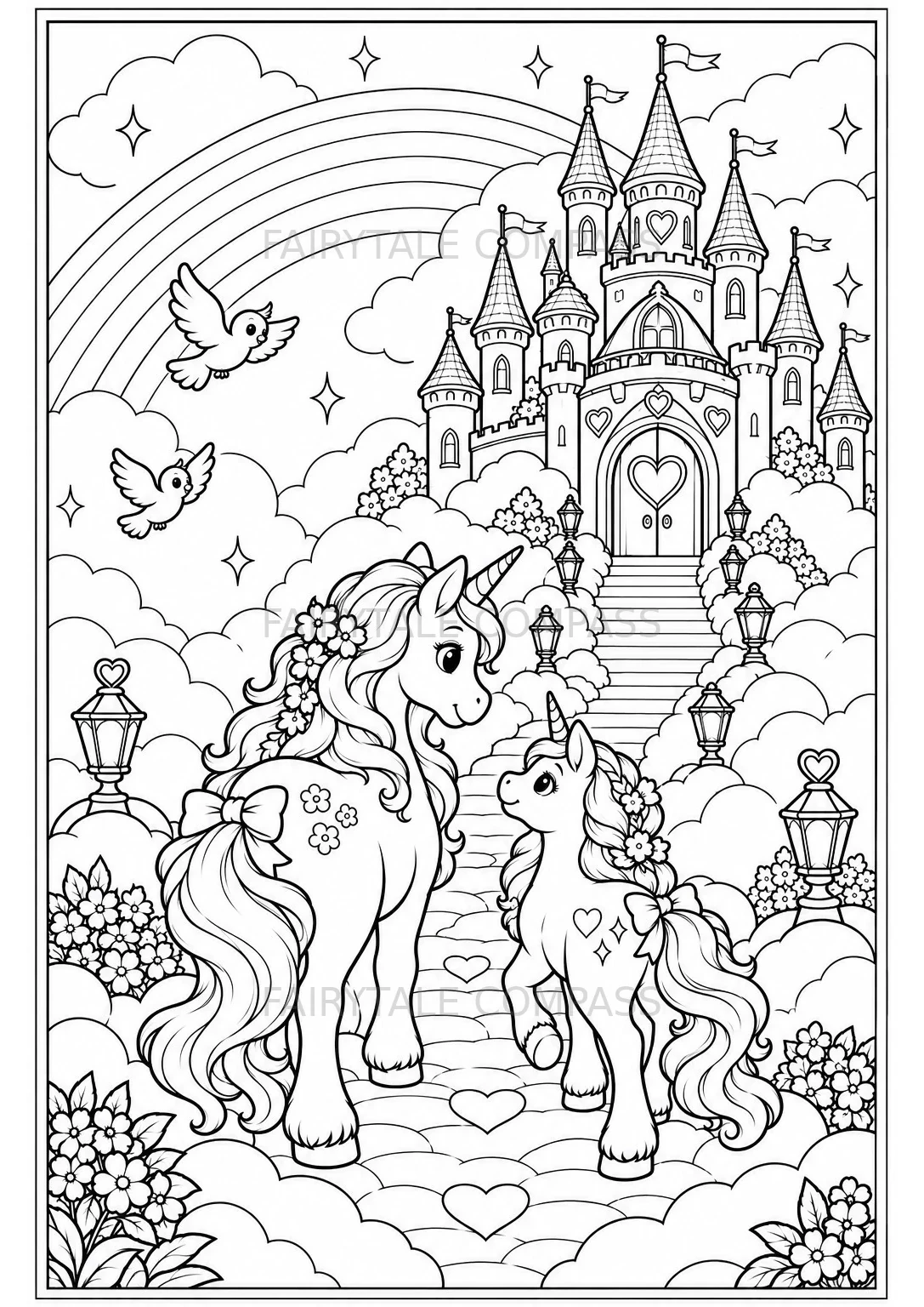 Unicorn Castle: Two beautiful unicorns walk along a magical pathway toward a fairytale castle beneath a rainbow.