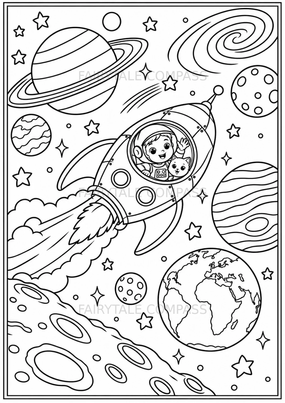 Space Adventure: A boy and his kitten travel in a rocket through space filled with planets, stars, and galaxies