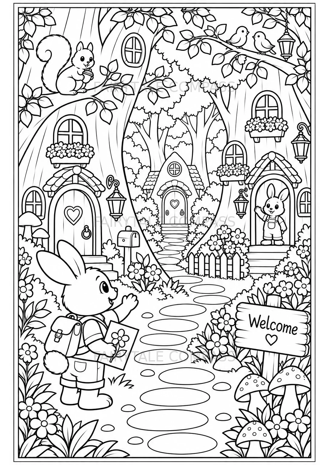 Enchanted Forest Village: A little bunny explores a magical woodland village filled with treehouses and forest animals.