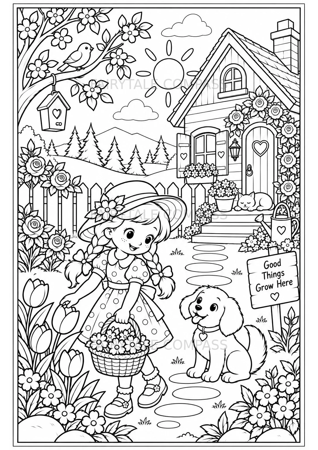 Flower Garden: A little girl with a flower basket and her puppy enjoy a beautiful garden beside a cozy cottage.