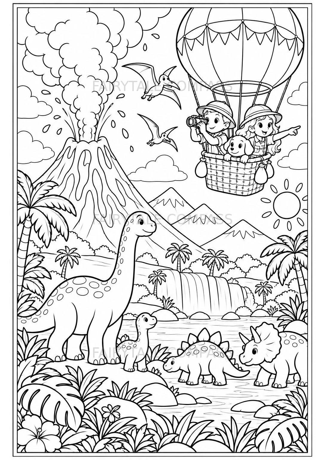 Dinosaur Adventure: Two children and a puppy fly in a hot air balloon above dinosaurs, a volcano, and a tropical waterfall.