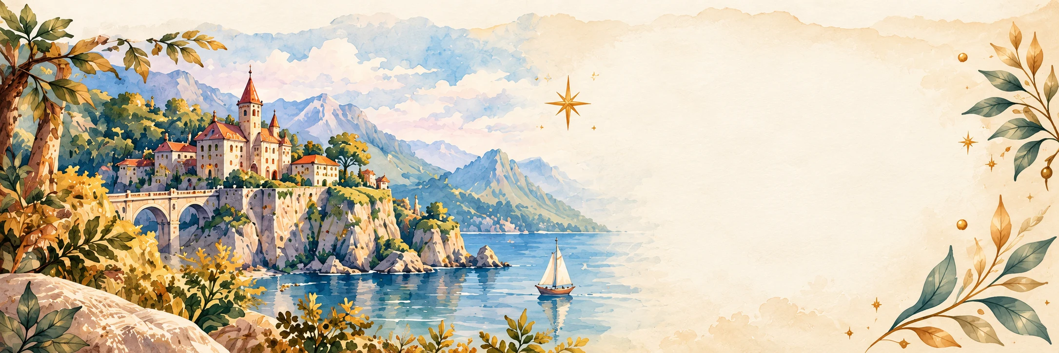 Watercolor fairytale castle beside a blue mountain lake
