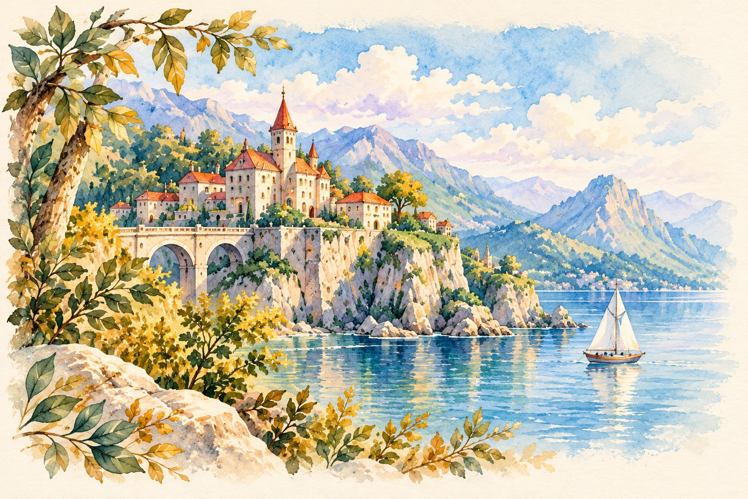 A watercolor castle overlooking a peaceful lake